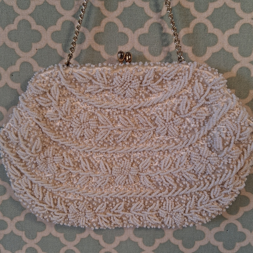 Vintage 60s Hand Beades Hong Kong Cream Beaded Sequin Floral Clutch Evening Bag